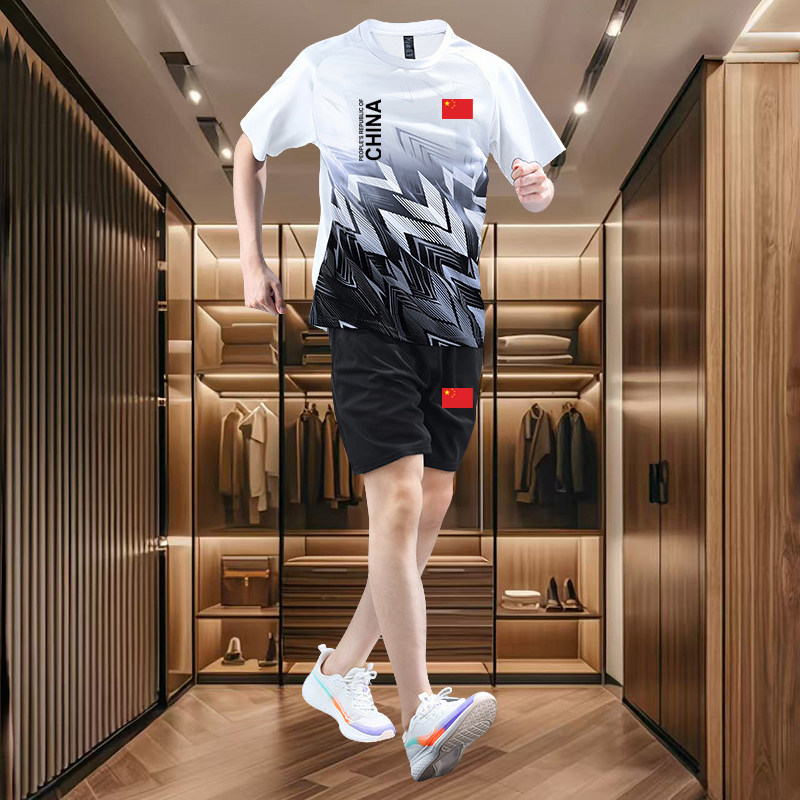 中国队运动套装男女夏季速干衣短袖短裤跑步运动服羽毛球服两件套