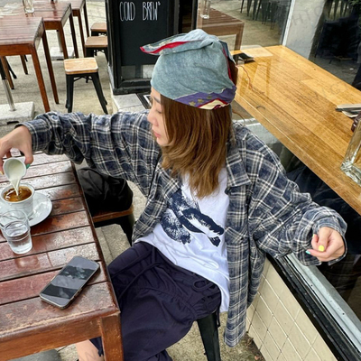 Chictang韩系藏蓝色复古磨毛格子衬衫女宽松慵懒风格纹上衣鑫壹D