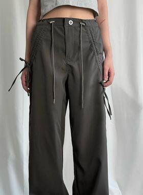 Chictang韩系高级灰色工装裤女蝴蝶结抽绳休闲裤子阔腿长裤恭呐F