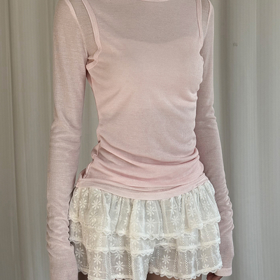 Chictang浅粉杏色微透叠穿假两件上衣女修身显瘦长袖T恤恭呐F0334