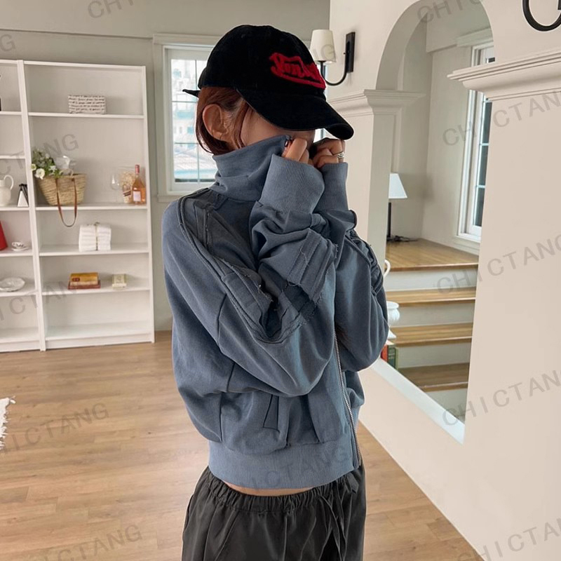 Chictang韩系休闲灰蓝色高级感拉链翻领宽松卫衣外套女鑫壹H