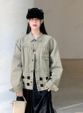 chictang2024春韩系休闲卡其绿色翻领宽松设计感外套上衣女恭陆