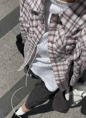 Chictang韩系浅紫学院格纹衬衫设计感流苏毛边休闲衬衫上衣鑫陆