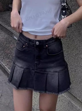 chictang24早春韩版休闲设计感黑灰色高腰半身百褶裙短裙女贰北