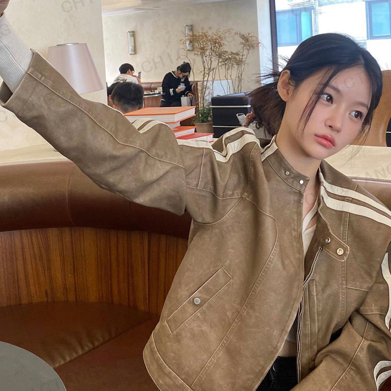chictang秋款韩系休闲设计感机车皮衣外套浅咖色夹克上衣女恭壹