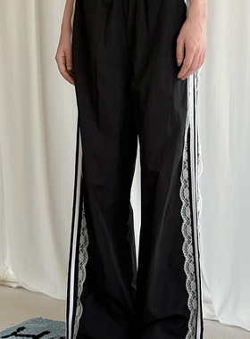 0427侧条纹蕾丝花边松紧腰宽松垂感阔腿休闲裤子女鑫呐K0331