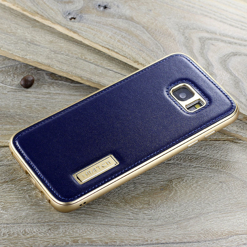 iMatch Luxury Aluminum Metal Bumper Premium Genuine Leather Back Cover Case for Samsung Galaxy S7 Edge