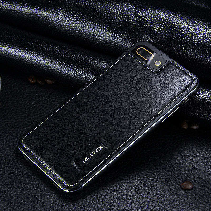 iMatch Luxury Aluminum Metal Bumper Premium Genuine Leather Back Cover Case for Apple iPhone 7 Plus & iPhone 7