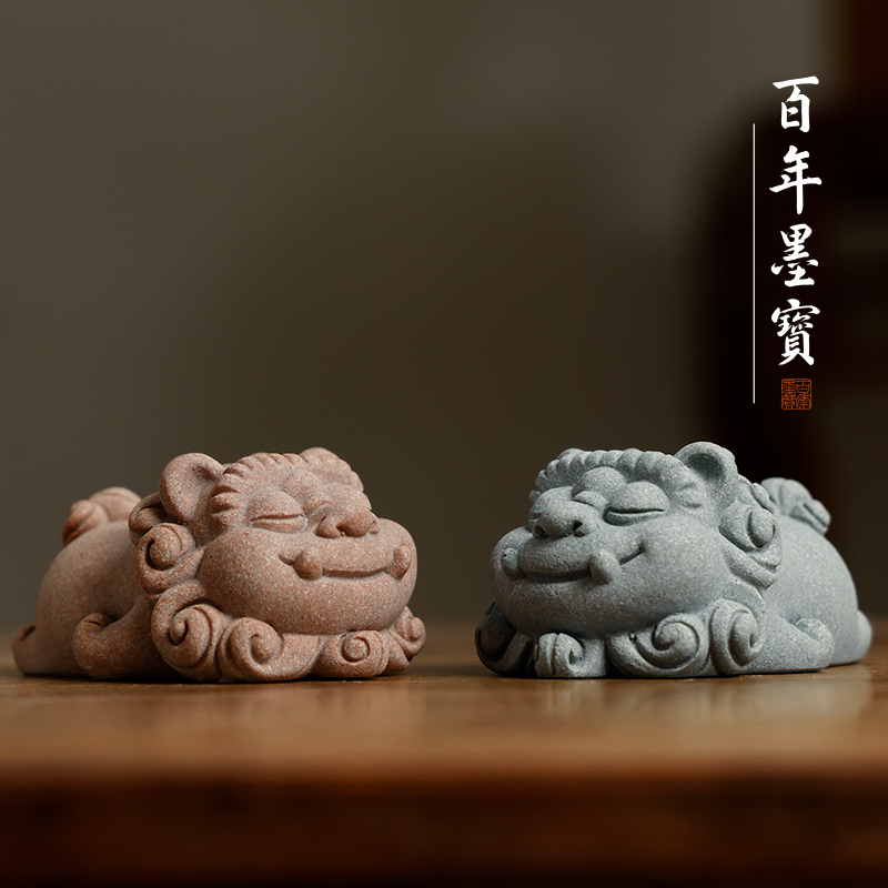 青砂石造像小趴狮文房四宝创意摆件动物造像摆件笔托文房四宝雕塑水缸造景摆件书桌周边茶桌装风狮爷