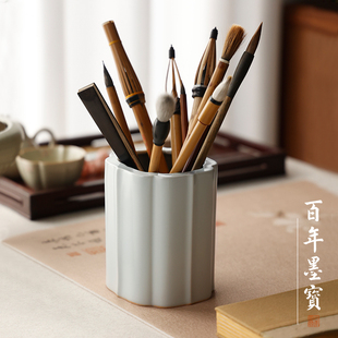 汝窑海棠笔筒古风青瓷笔筒陶瓷简约笔筒学生桌面收纳摆件批发初学书法国画创意可爱装毛笔的笔筒文房四宝用品
