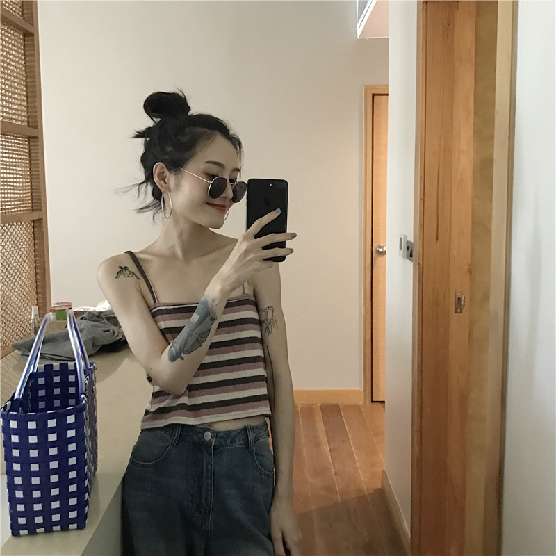 2018新款条纹短款小吊带背心女士夏chic内搭打底外穿无袖上衣bf风