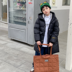 史努比儿童黑金羽绒服2023冬季中长款男女童加厚保暖冬装亲子外套