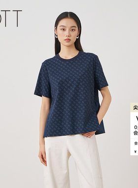 OTT春夏深蓝满幅印花短袖T恤女