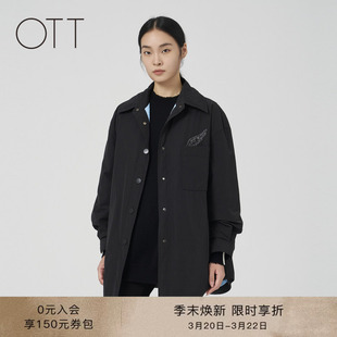 OTT冬季新款衬衫型翻领轻薄简约羽绒服女中长款黑色鸭绒羽绒外套