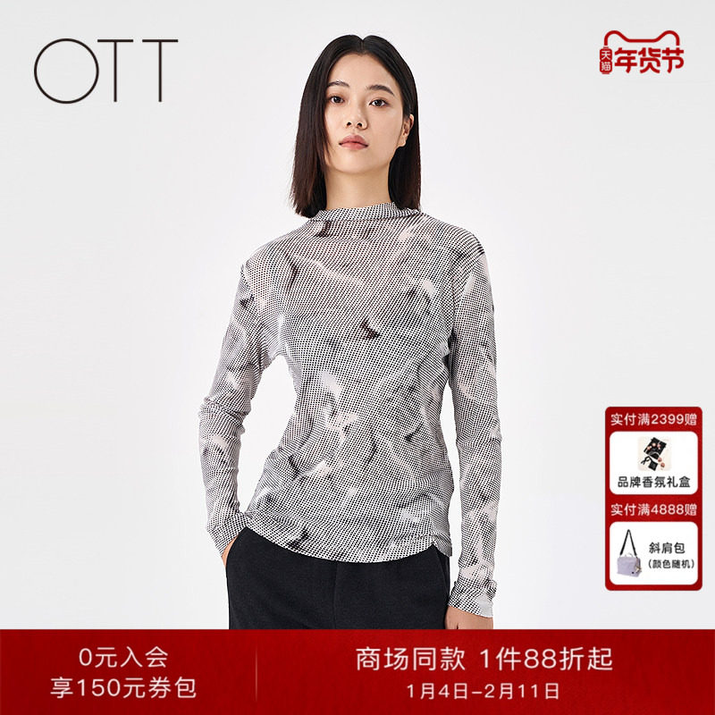 OTT【商场同款】2025冬季新品半高领波点印花长袖上衣设计感T恤女,女装/女士精品,T恤,淘宝优惠券,粉丝福利购,淘宝优惠卷