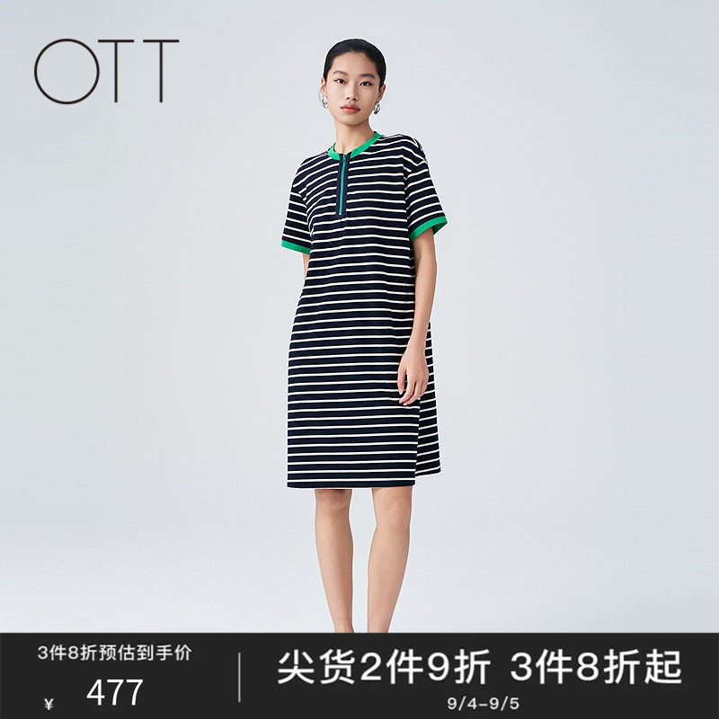 夏季纯棉撞色条纹立领T恤连衣裙图片