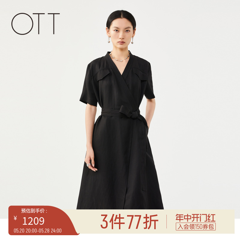 OTT夏新品小A版交叉叠襟领腰封设计麻料连衣裙女装