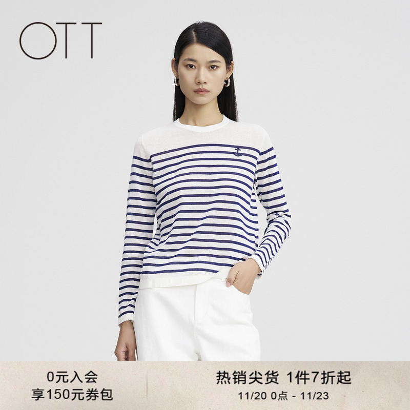 OTT【商场同款】夏季新款宽松条纹拼接长袖罩衫女轻薄套头针织衫