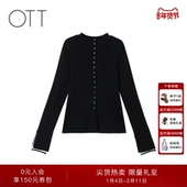 新品 女装 黑色圆领气质长袖 OTT2025冬季 上衣显瘦拼接套头毛针织衫