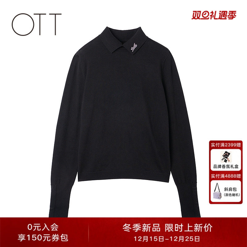 OTT【商场同款】冬季新款黑色百搭100%羊毛套头衫女POLO领针织衫