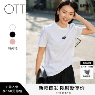 OTT2026夏季女装新款猫咪图案印花圆领短袖女t恤通勤休闲白色上衣
