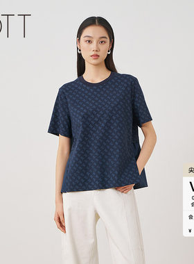 OTT春夏深蓝满幅印花短袖T恤女