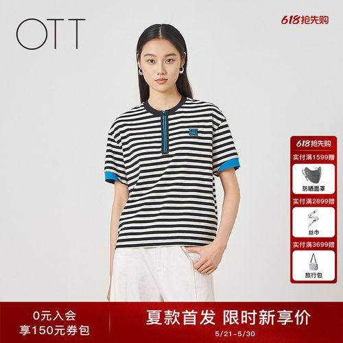OTT纯棉条纹短袖T恤半开襟上衣