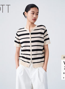 夏季条纹短袖拉链针织开衫女