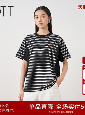 OTT夏季黑白条纹刺绣短袖T恤女