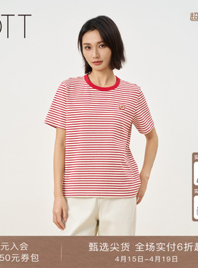 OTT2026春季女装新款基础圆领条纹纯棉上衣休闲百搭撞色短袖T恤