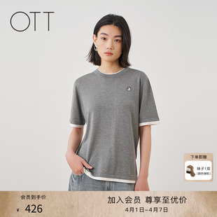 简约假两件拼接圆领短袖 T恤女正肩休闲百搭上衣 新款 OTT2026夏季