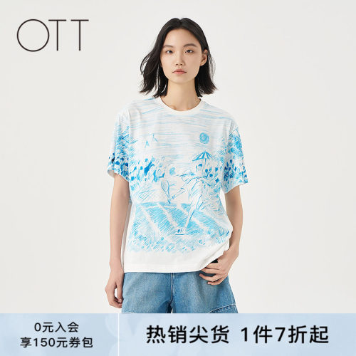 OTT【商场同款】2025夏季新品满幅图案纯棉圆领T恤女简约短袖上衣