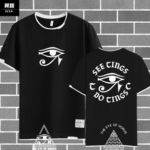 休闲夏装 荷鲁斯之眼回埃及法老古埃及T恤短袖 男女假两件衣服半袖