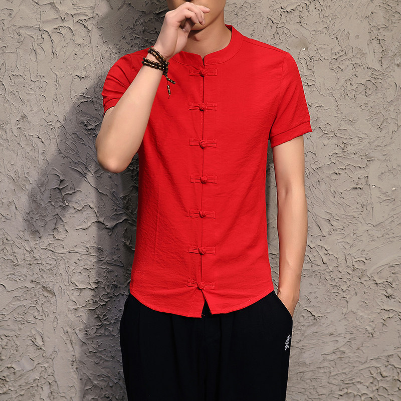 中國風夏季新款男士修身盤扣短袖襯衫潮男休閑漢服青少年唐裝上衣在類目 男裝, 民族服裝中 - 來自Buy2taobao.com提供專業的淘寶代購服務