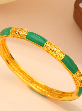 新中式国风珐琅合金手镯镂空雕花镶钻绿釉手环复古宫廷风手饰镯子
