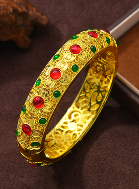 景泰蓝复古奢华雕刻宫廷风传承黄金色花丝镂空镶嵌宽手镯配饰品女