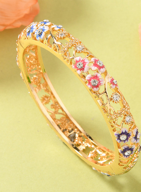 正宗北京景泰蓝手镯韩版镂空珐琅合金宽手镯女时尚复古镯子首饰品