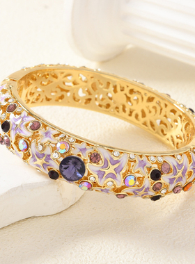 2025年新款景泰蓝民族风复古宽手镯钻石时尚电镀珐琅开口活扣手饰