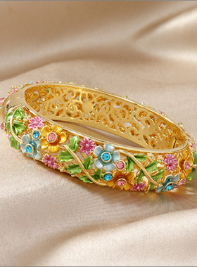 景泰蓝水晶手镯宫廷复古玫瑰花朵型蝴蝶镂空开口流行首饰情侣镯子