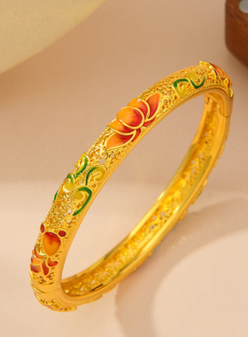 手镯沙金镂空开口活扣手环锦鲤莲花宫廷花纹女士复古气质饰品配饰