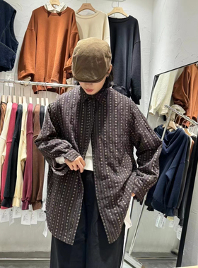 ty原创文艺韩版复古小众竖纹印花衬衣宽松通勤百搭薄棉衬衫