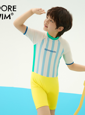 爱多尔2025新款男童时尚条纹泳衣速干防晒游泳装连体舒适儿童泳装
