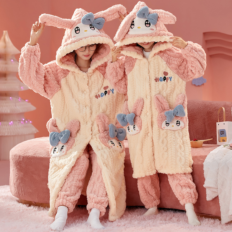 女童睡袍加绒法兰绒睡衣母女装亲子装家居服套装加厚珊瑚绒睡裙冬