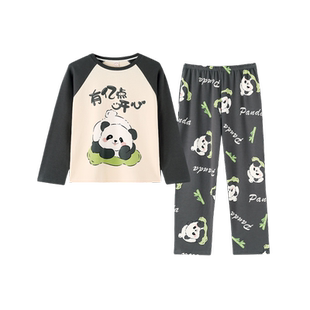 熊猫亲子睡衣秋季长袖纯棉儿童母女家居服一家三口春秋款卡通父子