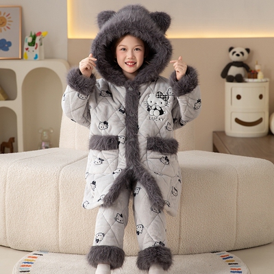 女童三层夹棉睡衣连帽法兰绒套装