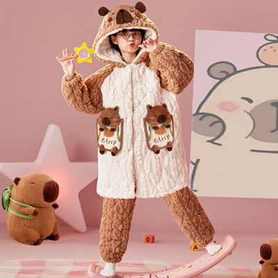 女童夹棉睡衣儿童冬季三层加厚女童中长款睡袍家居服法兰绒套装
