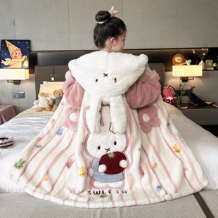 2026新款女童法兰绒睡袍儿童秋冬套装中长款睡衣珊瑚绒洋气家居服