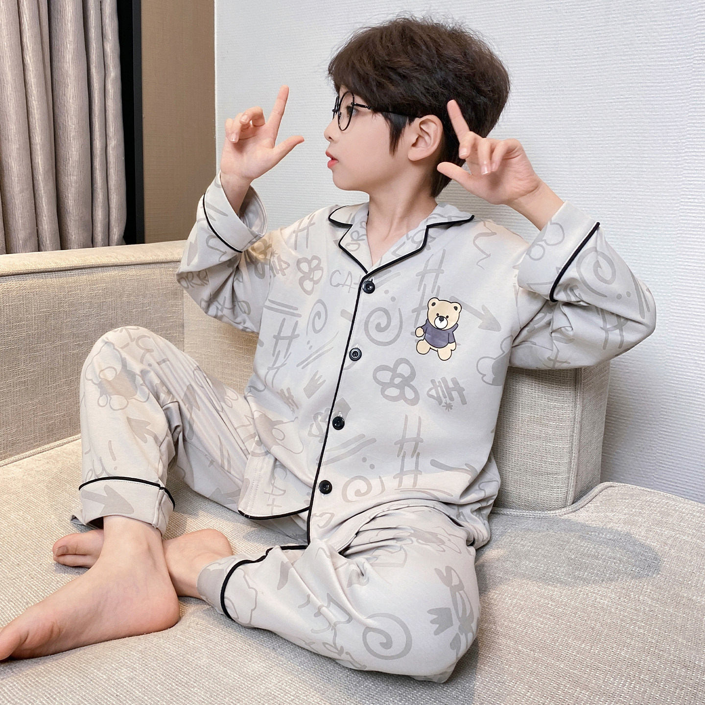 春秋季男童睡衣儿童长袖翻领纯棉套装小男孩卡通开衫全棉家居服