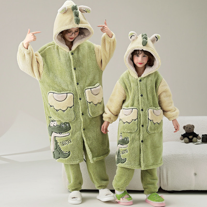 母女睡袍卡通恐龙亲子装睡衣一家三口冬加绒珊瑚绒连帽家居服套装