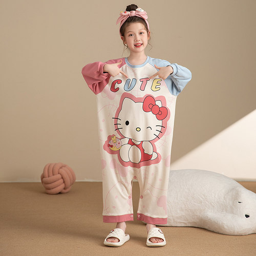 春秋季纯棉长袖连体女童睡衣